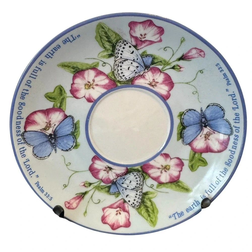 Christian Butterfly Floral Saucer Psalm 33:5 Scripture Plate Blue Pink Vintage